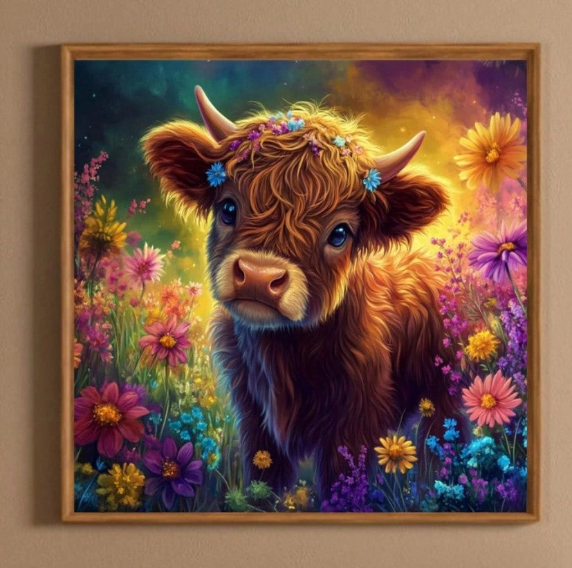 🐮✨ Highland Cow Diamond Painting With Multicoloured Flowers ✨🐮