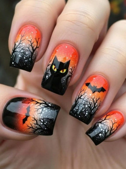 🦇  Black Cat & Bat Orange False Nails 🦇