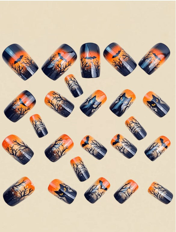 🦇  Black Cat & Bat Orange False Nails 🦇