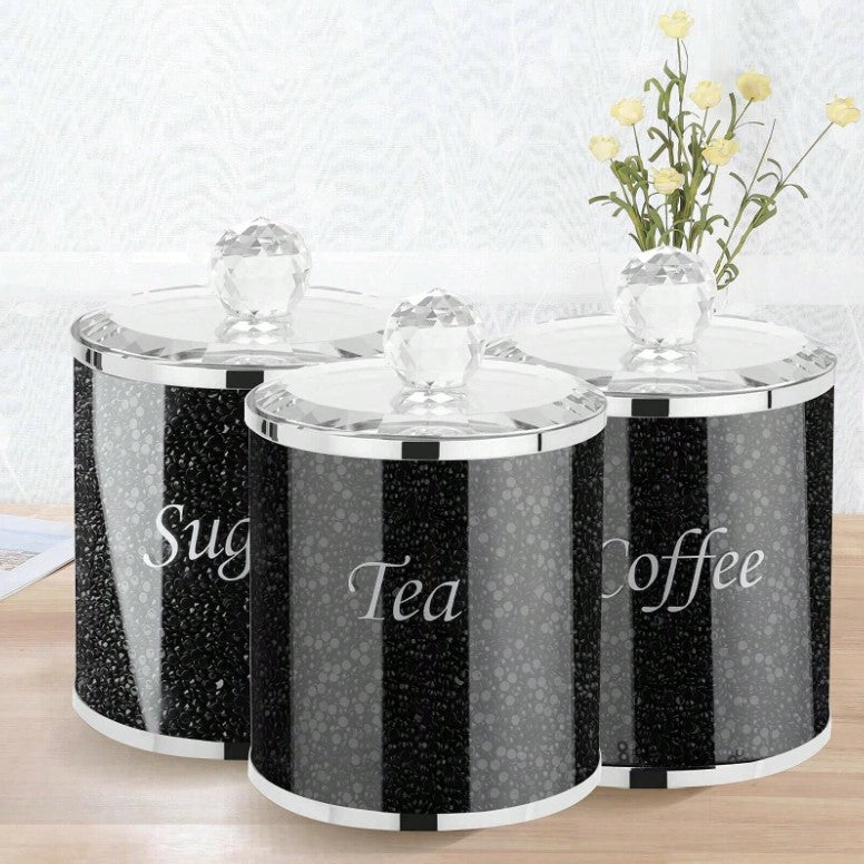 🖤 3pc Diamante Black Glass Crushed Diamond Tea, Coffee & Sugar Jar Set 🖤