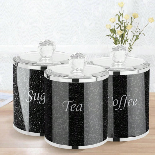 🖤 3pc Diamante Black Glass Crushed Diamond Tea, Coffee & Sugar Jar Set 🖤