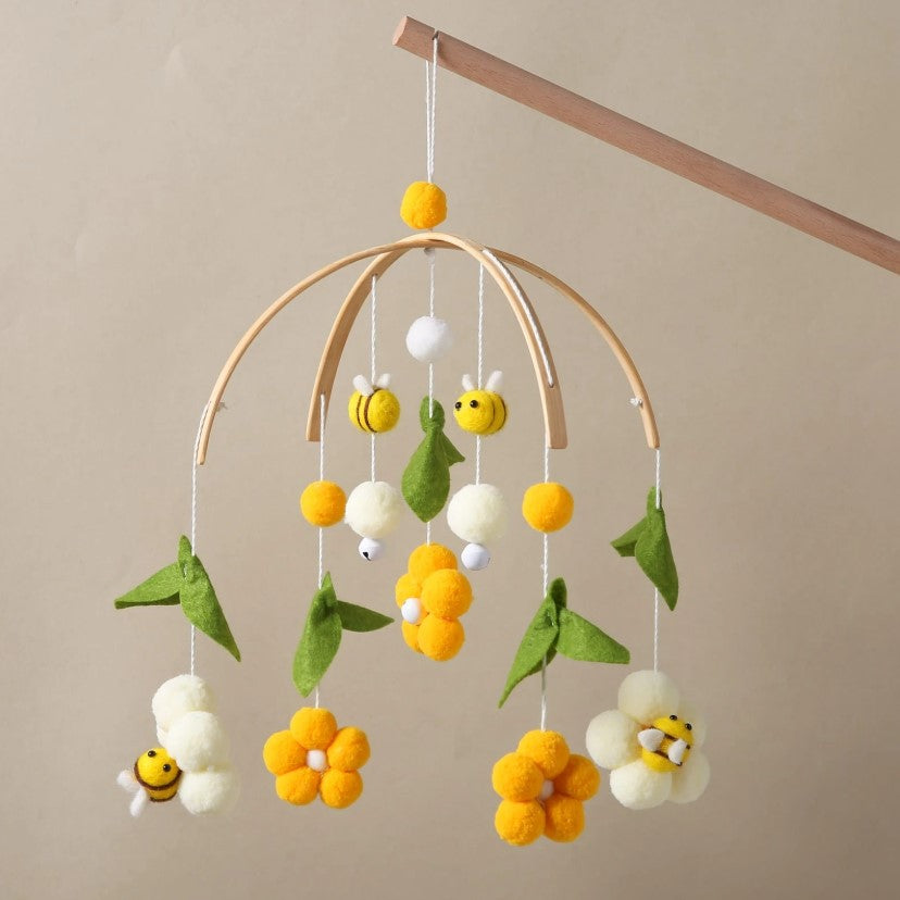 🌼🐝 Baby Bee & Flower Wooden Arc Woven Crib Mobile 🐝🌼