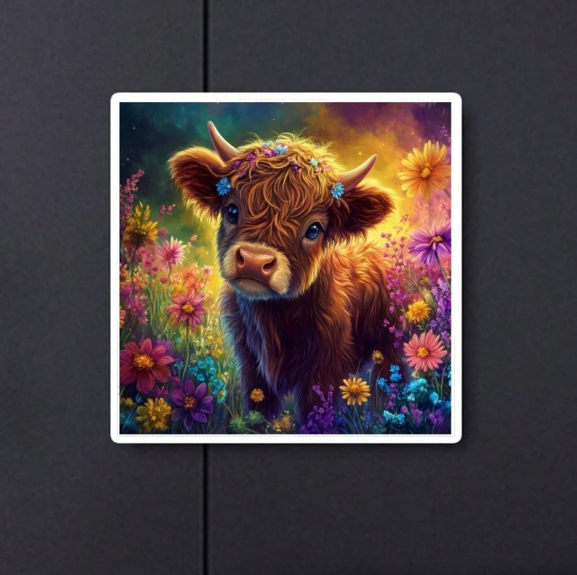 🐮✨ Highland Cow Diamond Painting With Multicoloured Flowers ✨🐮