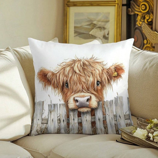 🐮✨ 1/2pc Highland Cow "Looking Over the Fence" Cushion Covers ✨🐮