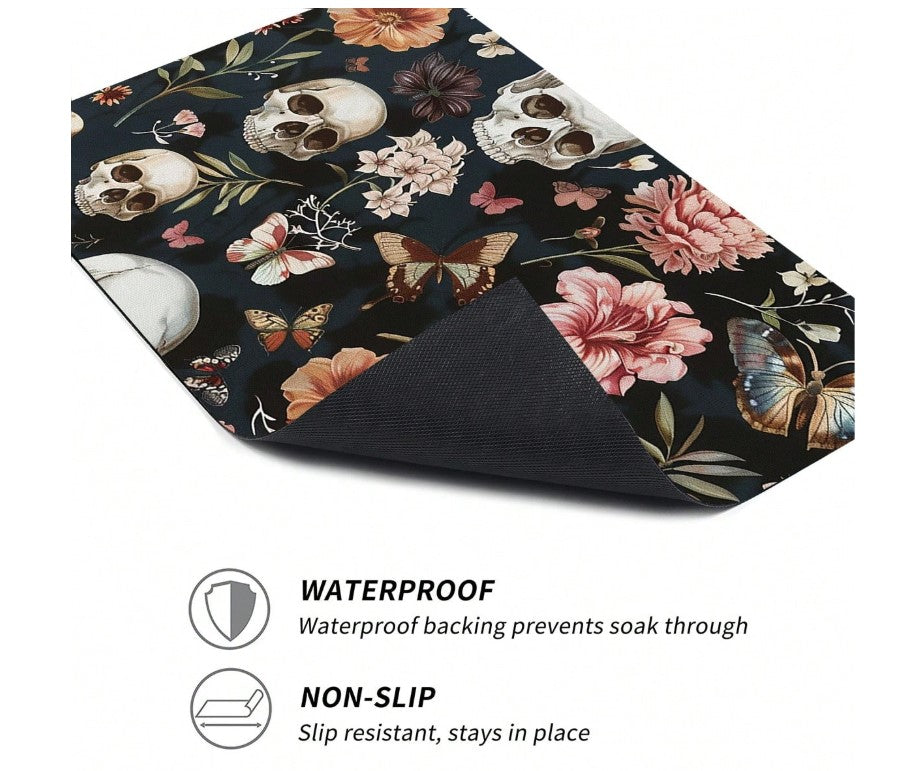 💀🦋 Floral Skull & Butterfly Absorbent Mat 🦋💀