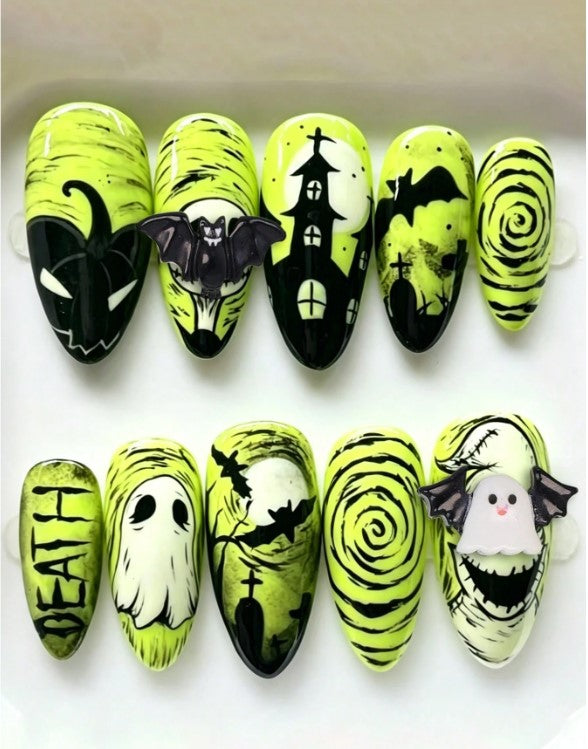 🦇 Green & Black Spooky False Nails 🦇