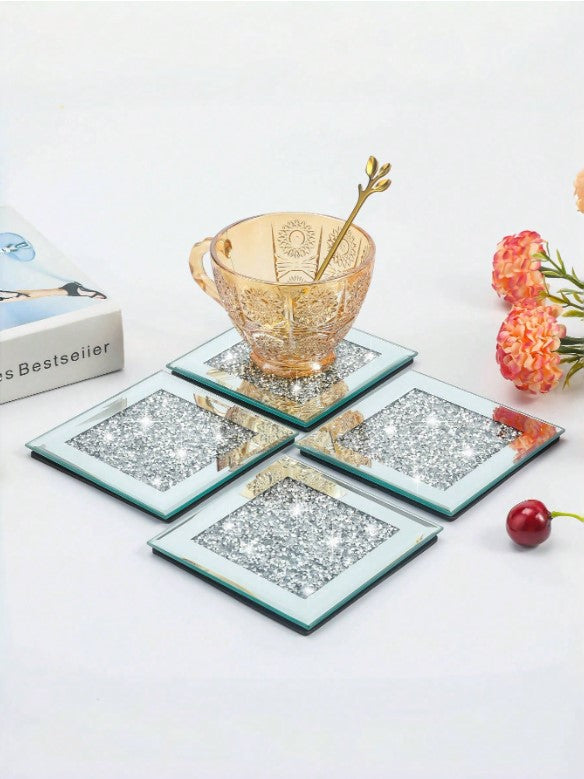 💎 4pcs Crystal Rhinestone Glass Coaster Set 💎