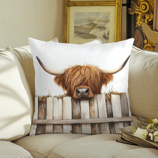 🐮✨ 1pc Highland Cow With Horns "Looking Over the Fence" Cushion Cover ✨🐮