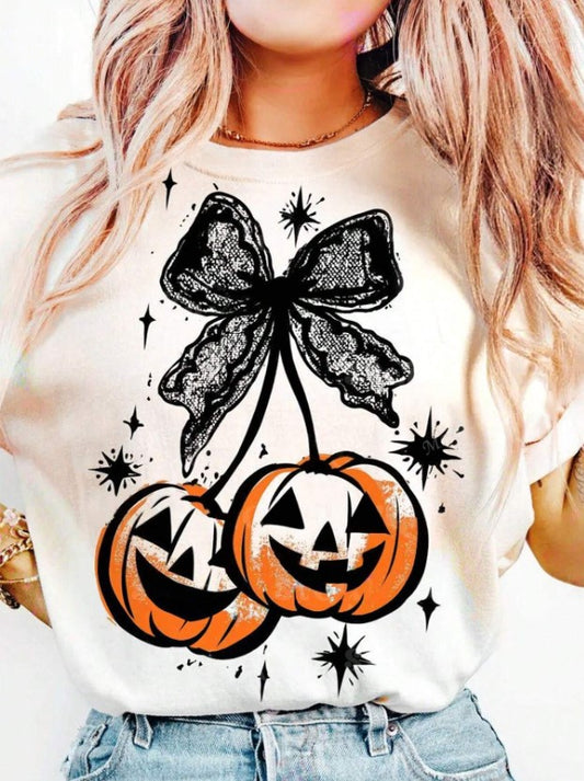 🎃🍒🎀 Pumpkin, Cherry & Bow Lace Print T-Shirt 🎀🍒🎃