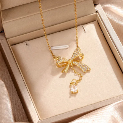 🎀✨ Simple Style Bow Rhinestone Pendant Necklace ✨🎀