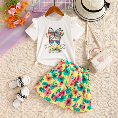 👑  Pretty Princess Good Vibes Floral Skirt & T-Shirt Set 👑