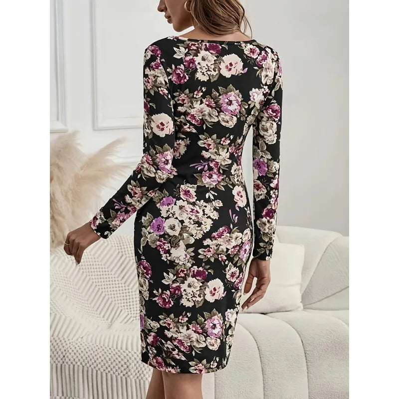 💜🖤  Slim Fit Long Sleeve Print Midi Dress 🖤💜