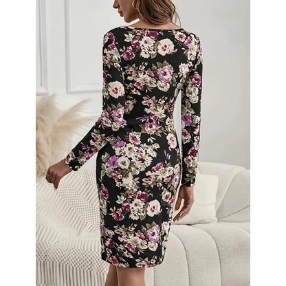 💜🖤  Slim Fit Long Sleeve Print Midi Dress 🖤💜