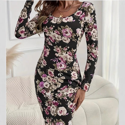 💜🖤  Slim Fit Long Sleeve Print Midi Dress 🖤💜