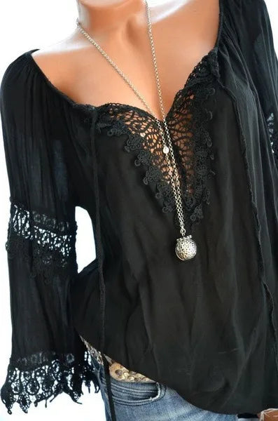 🤍 Solid Colour Long Sleeve Lace Boho Shirt 🤍