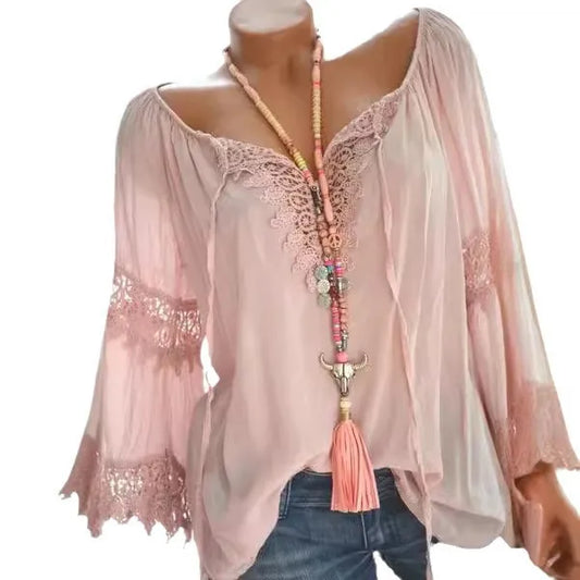🤍 Solid Colour Long Sleeve Lace Boho Shirt 🤍