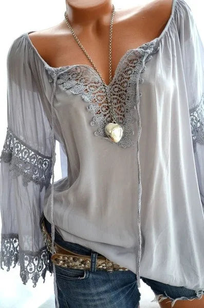 🤍 Solid Colour Long Sleeve Lace Boho Shirt 🤍
