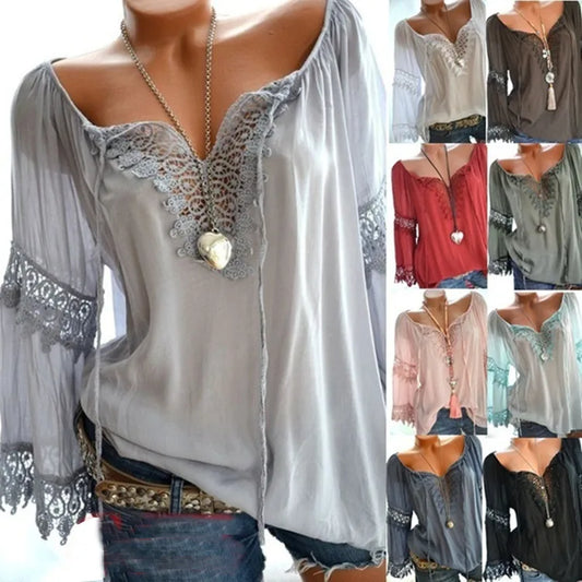 🤍 Solid Colour Long Sleeve Lace Boho Shirt 🤍