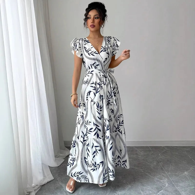 🤍💙 Summer Printed Slimming V-Neck Gown 💙🤍