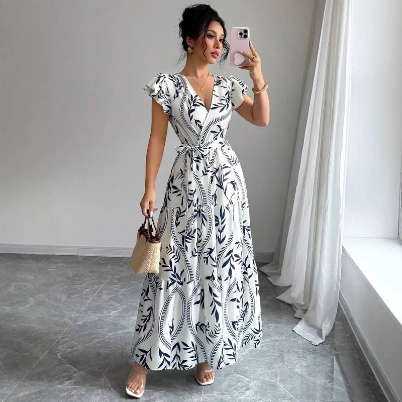 🤍💙 Summer Printed Slimming V-Neck Gown 💙🤍