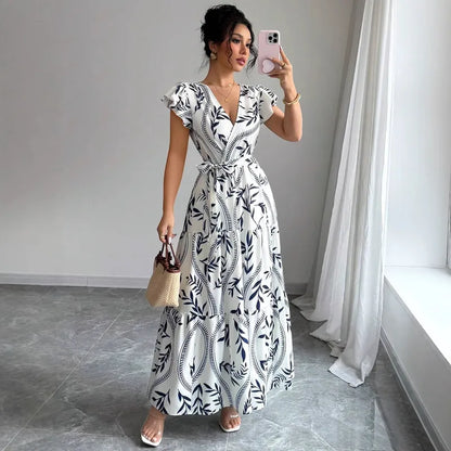 🤍💙 Summer Printed Slimming V-Neck Gown 💙🤍