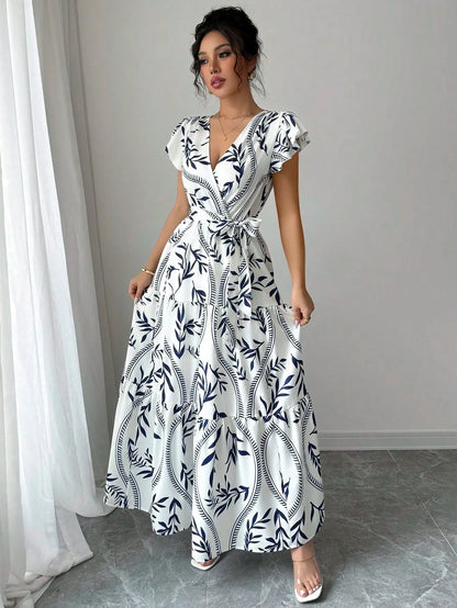 🤍💙 Summer Printed Slimming V-Neck Gown 💙🤍