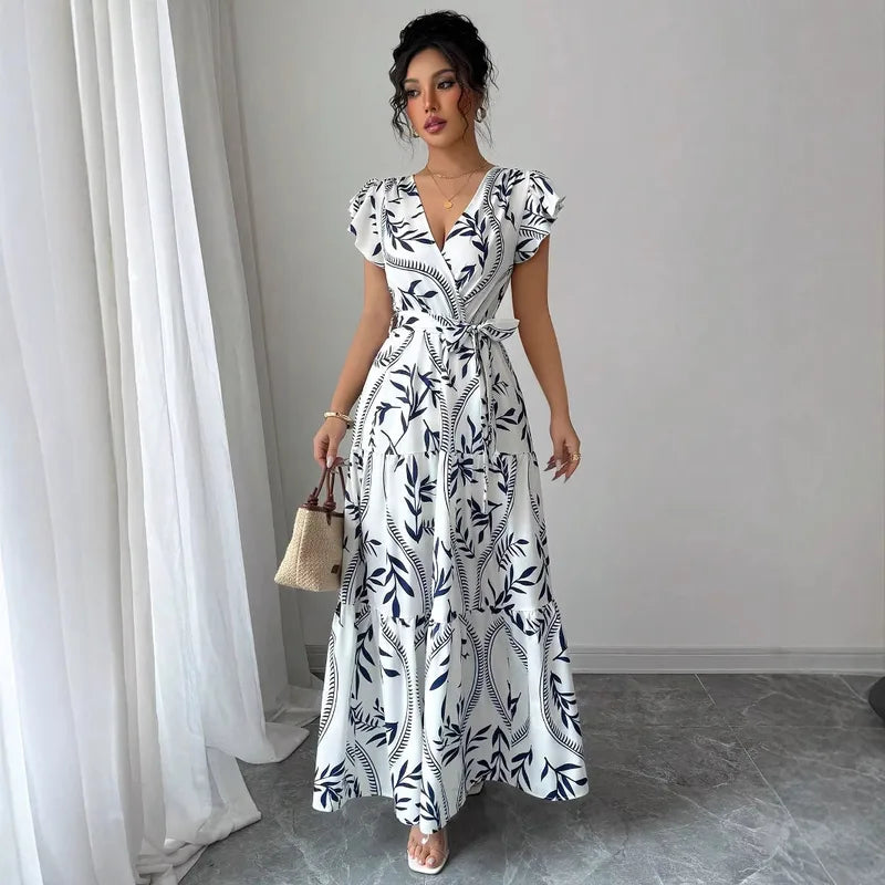 🤍💙 Summer Printed Slimming V-Neck Gown 💙🤍