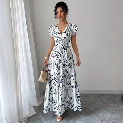 🤍💙 Summer Printed Slimming V-Neck Gown 💙🤍