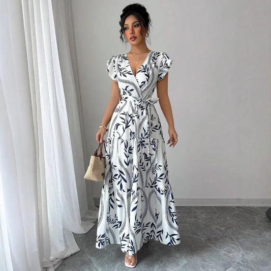 🤍💙 Summer Printed Slimming V-Neck Gown 💙🤍