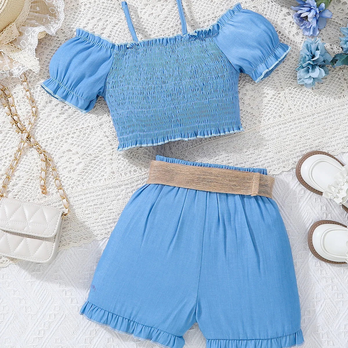 💙👧 Girls 3pc Blue Shorts Set with Matching Headband