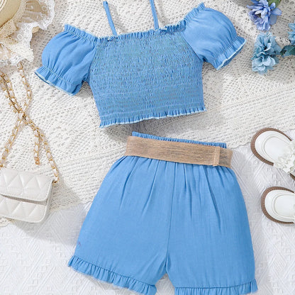 💙 Girls 3pc Blue Shorts Set with Matching Headband 💙
