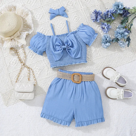 💙👧 Girls 3pc Blue Shorts Set with Matching Headband