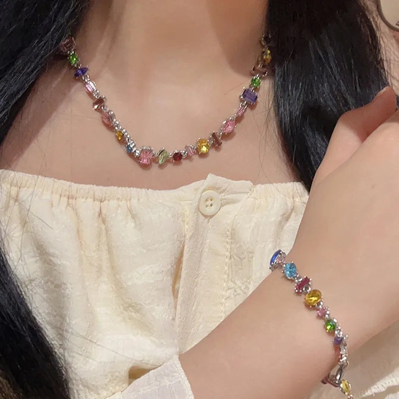 🌈 Crystal Candy Rhinestone Bracelet & Necklace Set 🌈
