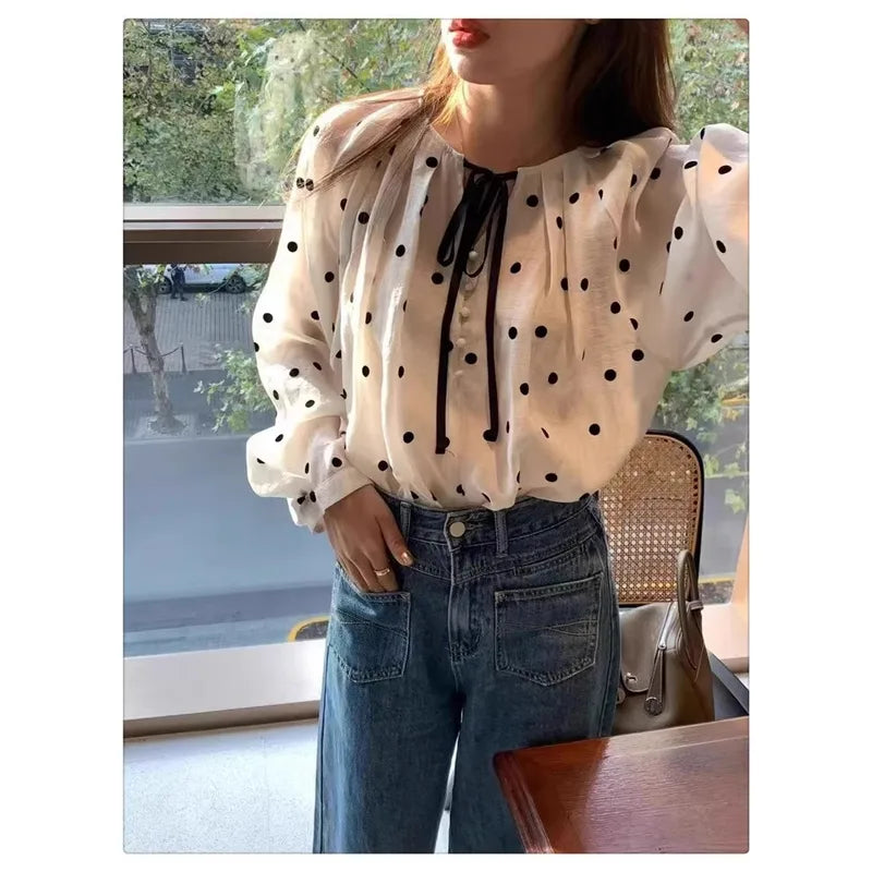 🤍🖤 Loose Fit V-Neck Polka Dot Blouse 🖤🤍