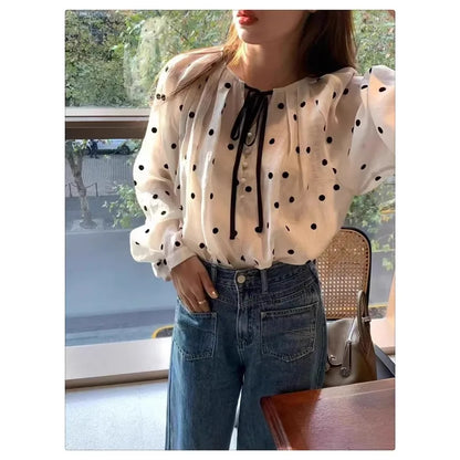 🤍🖤 Loose Fit V-Neck Polka Dot Blouse 🖤🤍