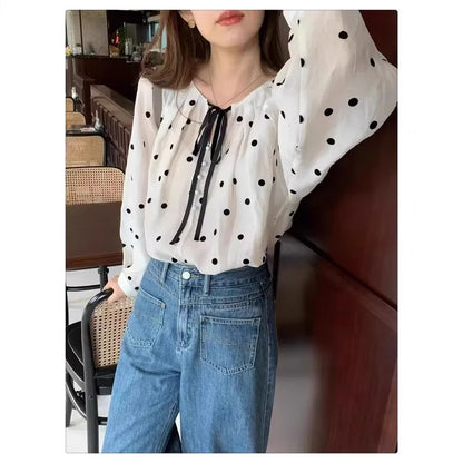 🤍🖤 Loose Fit V-Neck Polka Dot Blouse 🖤🤍