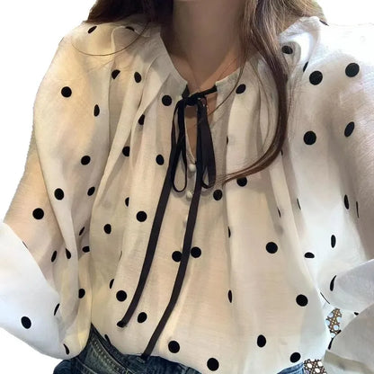 🤍🖤 Loose Fit V-Neck Polka Dot Blouse 🖤🤍