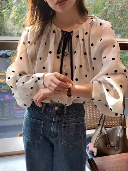 🤍🖤 Loose Fit V-Neck Polka Dot Blouse 🖤🤍