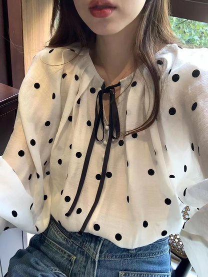 🤍🖤 Loose Fit V-Neck Polka Dot Blouse 🖤🤍
