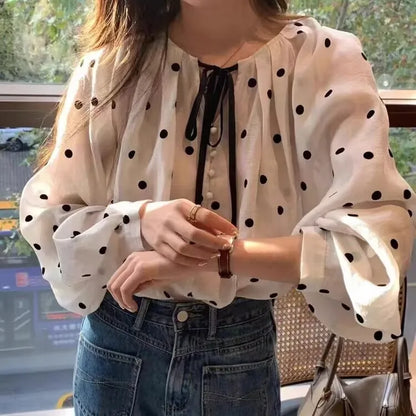 🤍🖤 Loose Fit V-Neck Polka Dot Blouse 🖤🤍