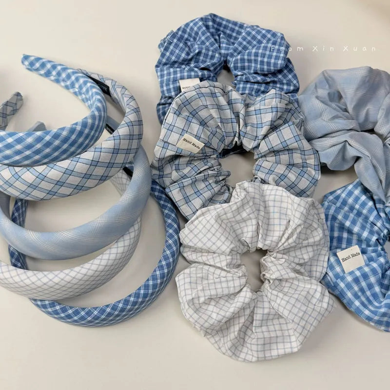 💙 10pc Sweet Plaid Hairband & Scrunchie Set 💙