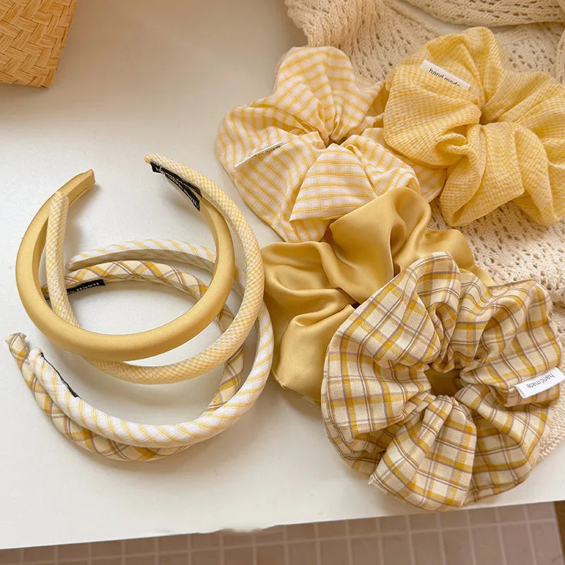 💛 Sweet Yellow Plaid Hair Band & Scrunchie Set 💛