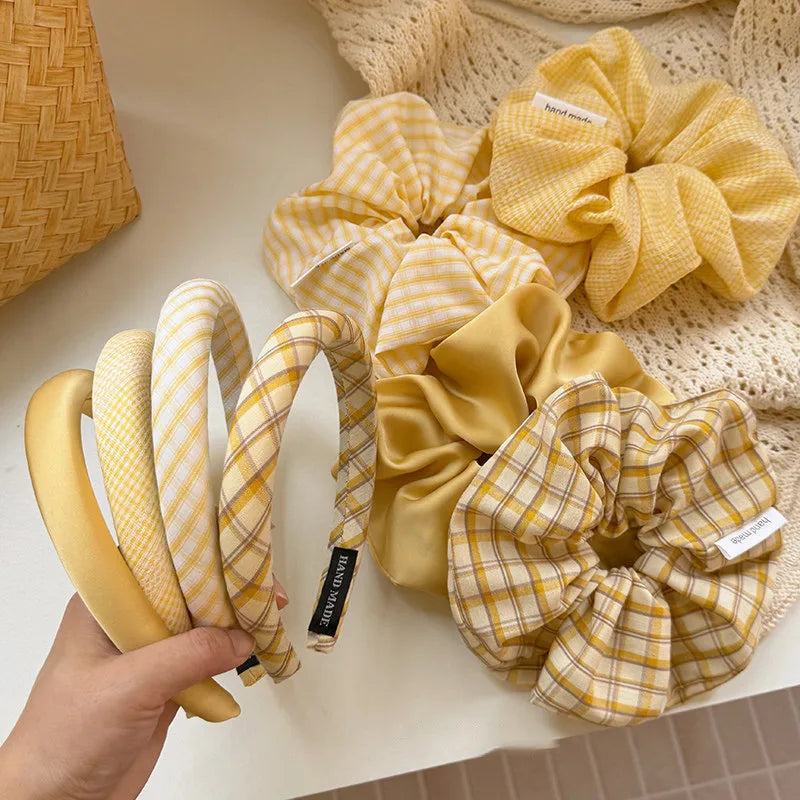 💛 Sweet Yellow Plaid Hair Band & Scrunchie Set 💛