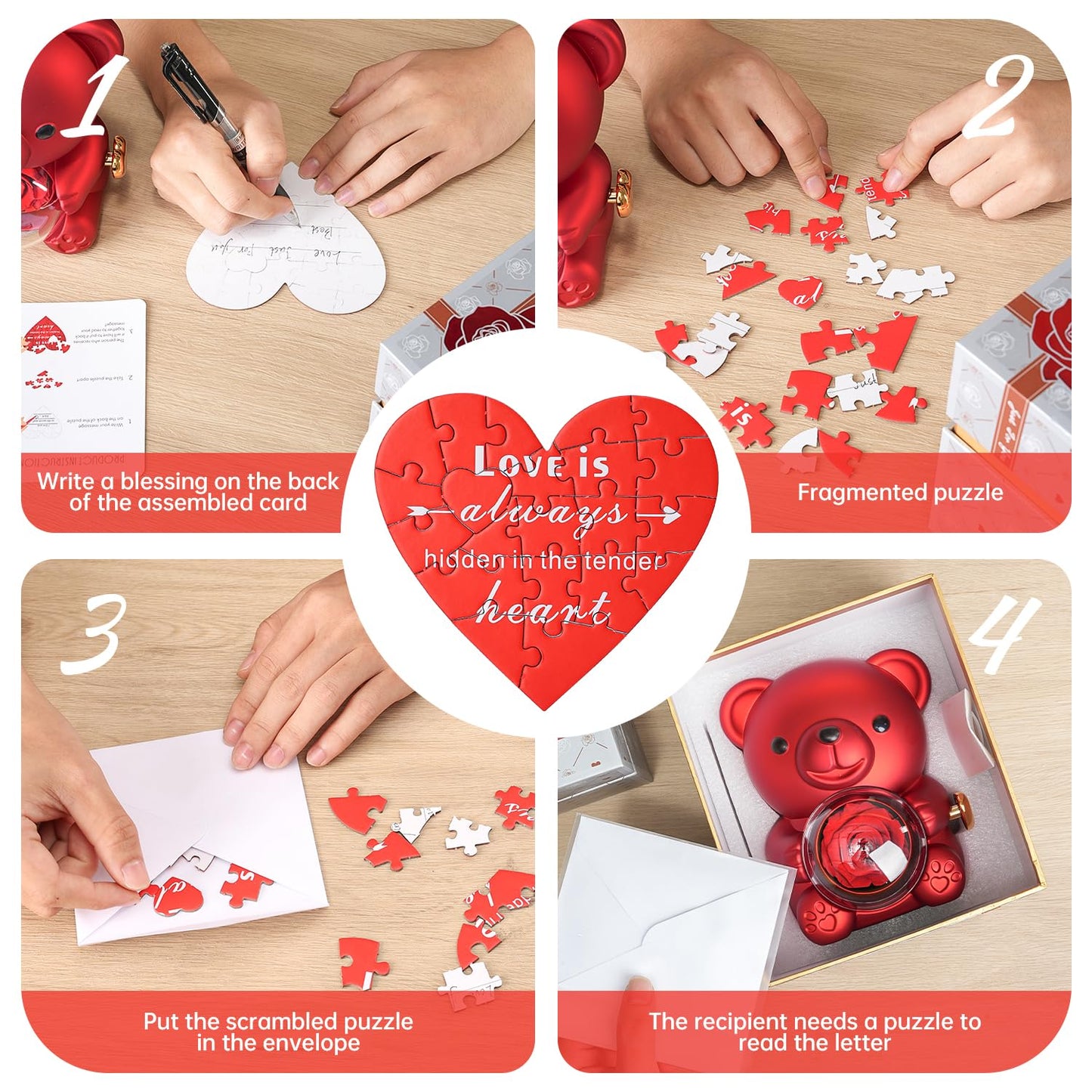 Teddy Bear Gift Set with Preserved Real Rose, Hidden Jewellery Box & Heart Necklace