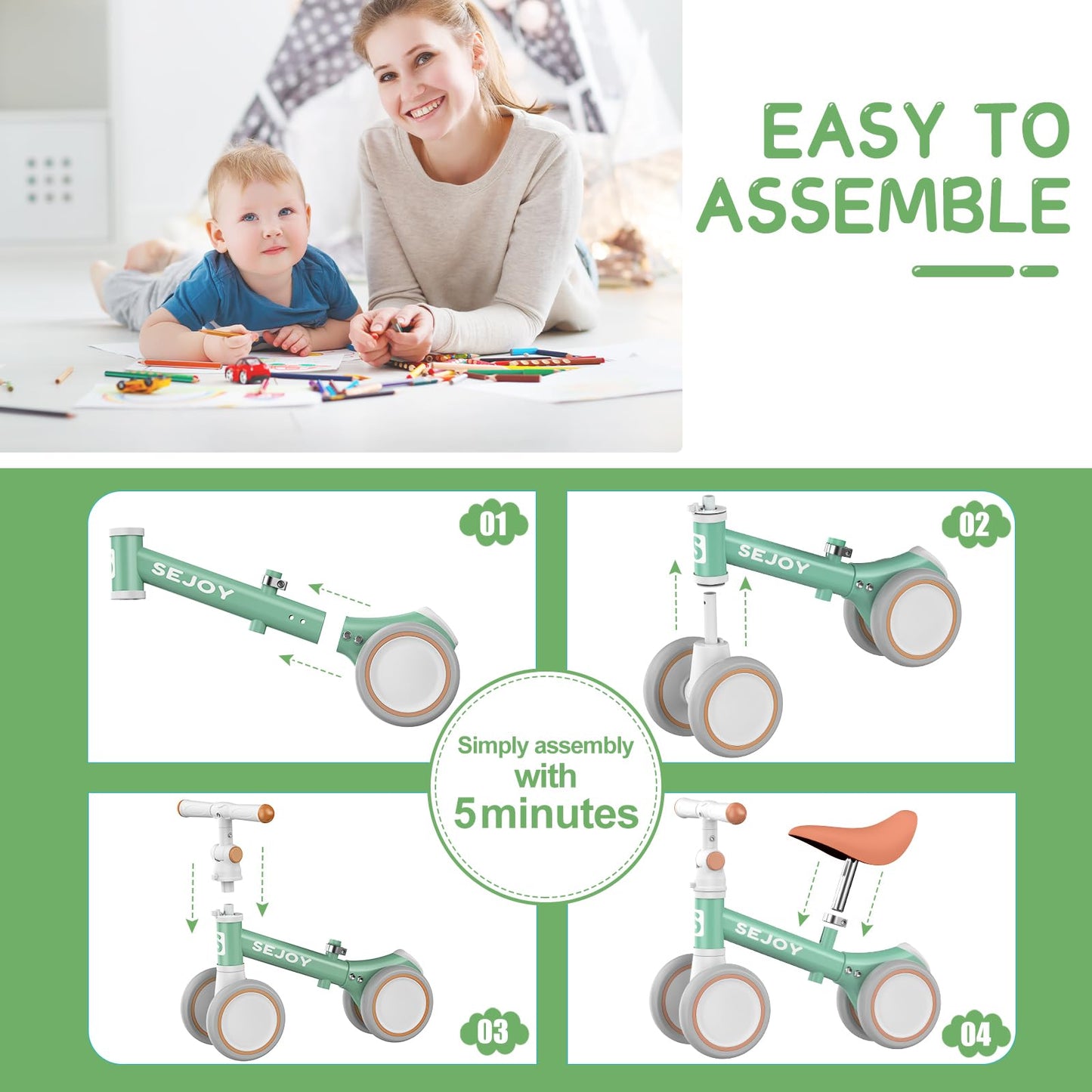 Green Adjustable Baby Balance Bike with Seat Handle