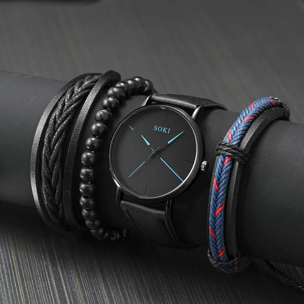 ⌚️❤️ Men’s Belt Round Pointer Quartz Watch & Bracelet Set 💙⌚️