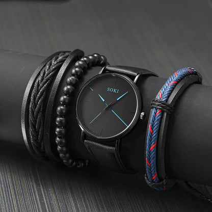 ⌚️❤️ Men’s Belt Round Pointer Quartz Watch & Bracelet Set 💙⌚️
