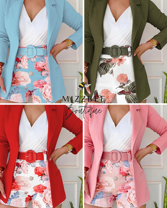 🌸 Floral Polyester Shorts Co-Ord Set Blazer Suits With Belt 🌸