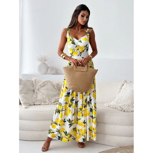 🍋 Backless Lemon V-Neck Swing Dress🍋