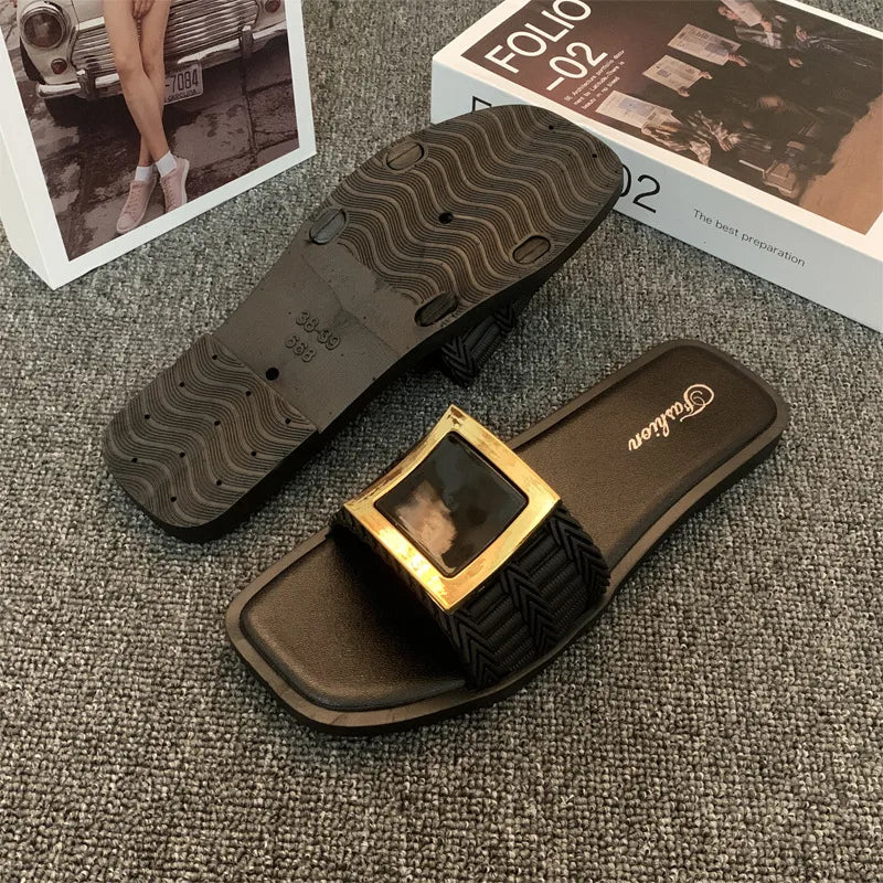 ✨ Ladies Sliders with Gold Buckle